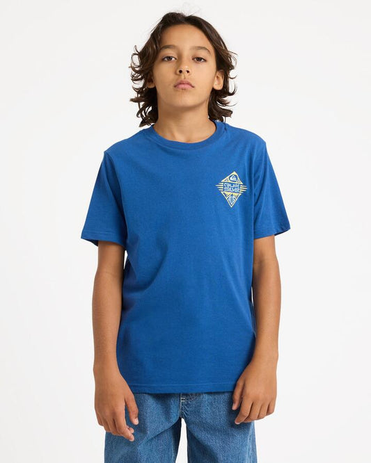 Image of a model wearing Tops. Productname: quiksilver Boys 8-16 Heritage Damond T-Shirt Monaco Blue - in Monaco Blue colour by brand - Quiksilver