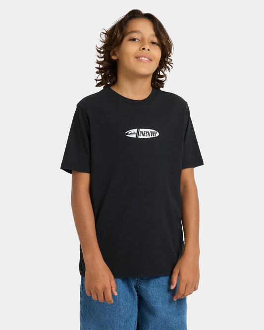 Image of a model wearing Tops. Productname: quiksilver Boys 8-16 Channel Fix T-Shirt Black - in Black colour by brand - Quiksilver