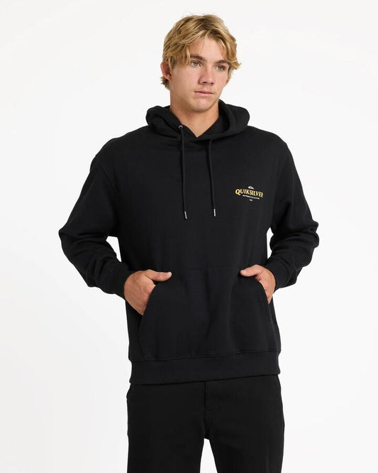Image of a model wearing Outerwear. Product name - Quiksilver Mens Swordfish Pullover Hoodie Black in Black colour by brand - Quiksilver