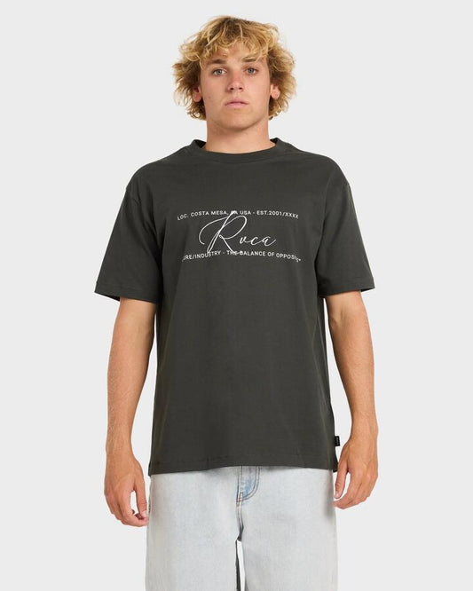 Image of a model wearing Tops. Productname: rvca Mens Rvca Over Brush T-Shirt Pirate Black - in Pirate Black colour by brand - Rvca