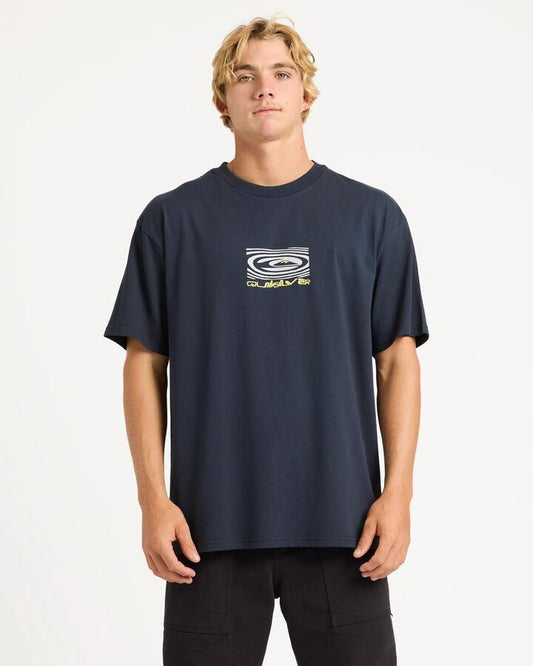Image of a model wearing Tops. Productname: quiksilver Mens Sea Drip T-Shirt Dark Navy - in Dark Navy colour by brand - Quiksilver