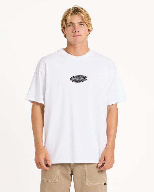 Image of a model wearing Tops. Productname: quiksilver Mens Shattered T-Shirt White - in White colour by brand - Quiksilver