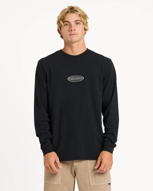 Image of a model wearing Tops. Productname: quiksilver Mens Shattered Long Sleeve T-Shirt Black - in Black colour by brand - Quiksilver