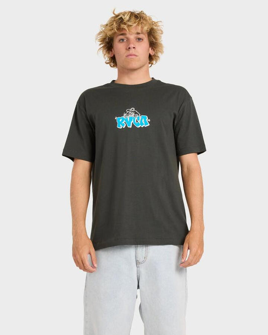 Image of a model wearing Tops. Productname: rvca Mens Ratnest T-Shirt Pirate Black - in Pirate Black colour by brand - Rvca