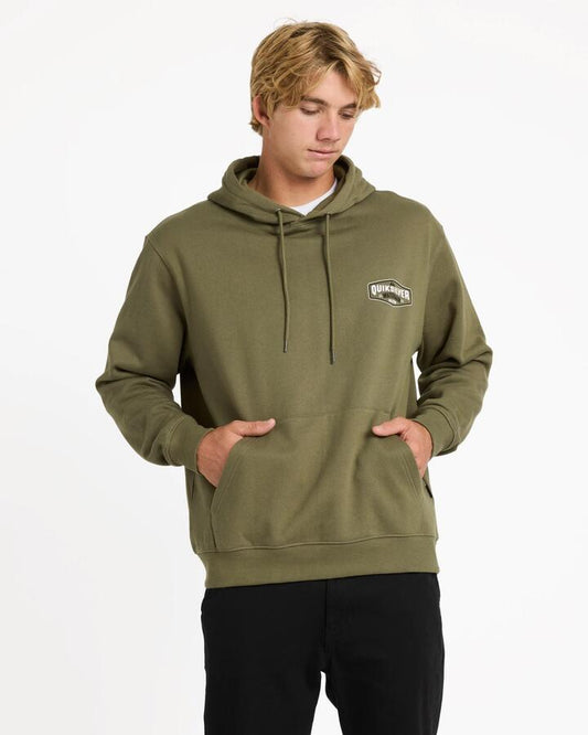 Image of a model wearing Outerwear. Product name - Quiksilver Mens Hook Pullover Hoodie Olive in Olive colour by brand - Quiksilver