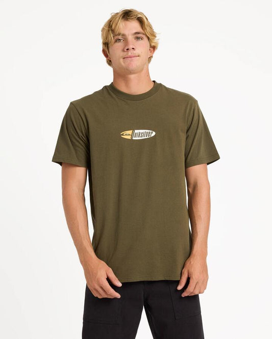 Image of a model wearing Tops. Productname: quiksilver Mens Channel Fix T-Shirt Grape Leaf - in Grape Leaf colour by brand - Quiksilver