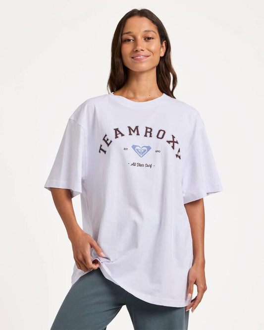 Image of a model wearing Tops. Productname: roxy Womens Dawn Days Oversized T-Shirt White - in White colour by brand - Roxy