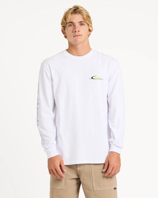 Image of a model wearing Tops. Productname: quiksilver Mens Wrap Drive Long Sleeve T-Shirt White - in White colour by brand - Quiksilver