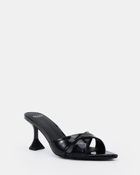 Image of Sandals. Product name - Zayna Black Patent Mules in Black colour by brand - Novo