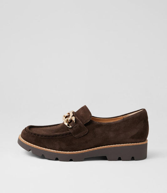 Image of Flats. Productname: Drizza Choc Suede Loafers in Choc-Choc Sole colour by brand - MIDAS