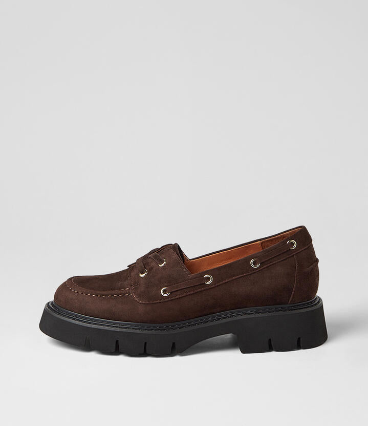 Image of Flats. Product name - Kutee Dark Choc Suede Loafers in Dk Choc colour by brand - MOLLINI