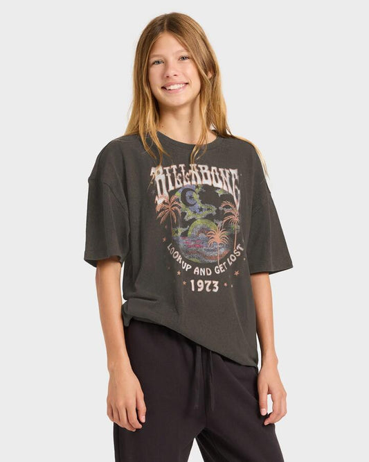 Image of a model wearing Tops. Productname: billabong Girls 6-16 Celestial Being Oversized T-Shirt Off Black - in Off Black colour by brand - Billabong