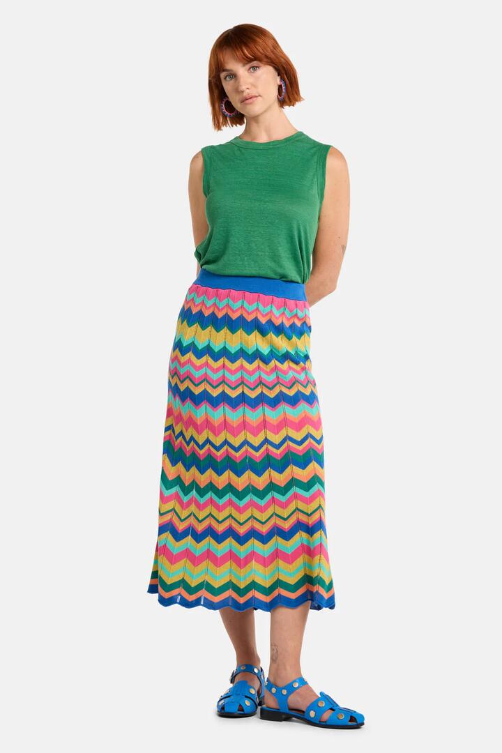 Image of a model wearing Skirts. Product name - Tropic Zigzag Knit Skirt in Multi colour by brand - Gorman