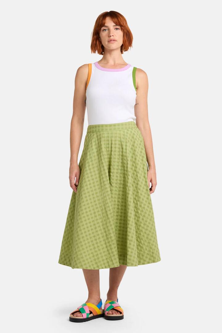 Image of a model wearing Pants. Product name - Ready Check Cotton Culotte in Green colour by brand - Gorman