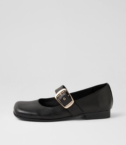 Image of Shoes. Productname: Gallah Black Leather Flat Shoes in Black-Black Heel colour by brand - MIDAS