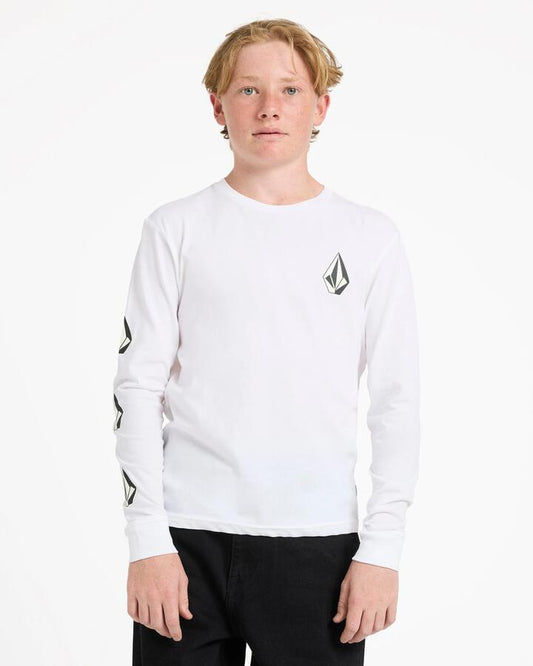 Image of a model wearing Tops. Productname: volcom Boys 8-16 Iconic Stone Long Sleeve T-Shirt White - in White colour by brand - Volcom