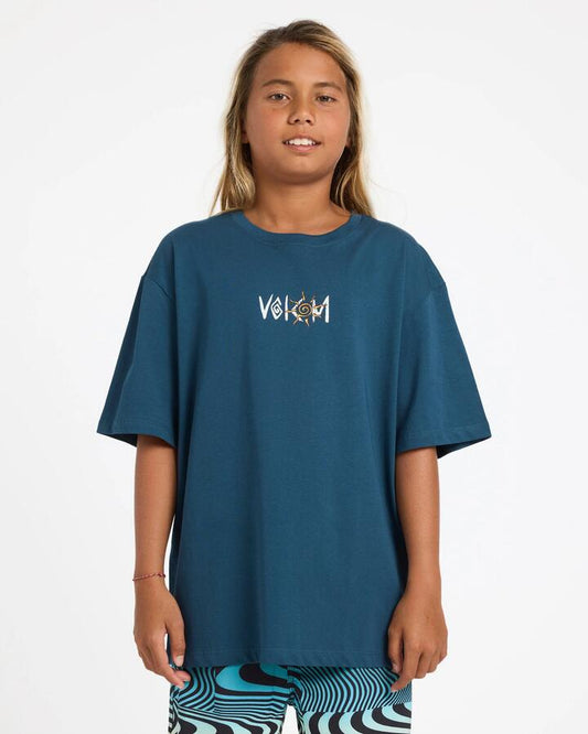 Image of a model wearing Tops. Productname: volcom Boys 8-16 Sunfish Bsc T-Shirt Dust Bowl Indigo - in Dust Bowl Indigo colour by brand - Volcom