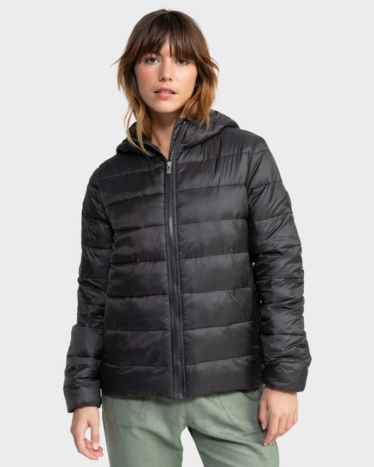Image of a model wearing Outerwear. Productname: roxy Womens Wind Bliss Puffer Jacket Phantom - in Phantom colour by brand - Roxy