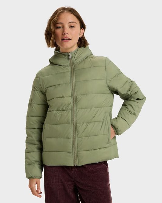 Image of a model wearing Outerwear. Productname: roxy Womens Wind Bliss Puffer Jacket Oil Green - in Oil Green colour by brand - Roxy