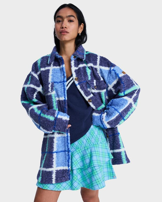 Image of a model wearing Outerwear. Product name - Roxy Womens Over And Above Shacket Dutch Blue Plaid Fade in Dutch Blue Plaid Fade colour by brand - Roxy