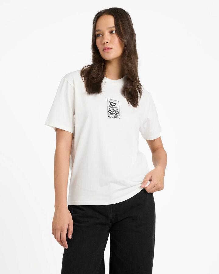 Image of a model wearing Tops. Productname: volcom Womens Radical Daze Up T-Shirt Off White - in Off White colour by brand - Volcom