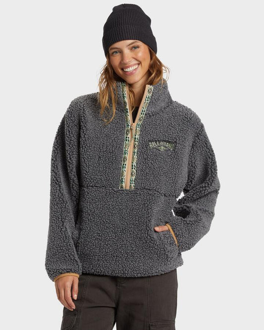 Image of a model wearing Outerwear. Productname: Billabong Womens Horizon Fleece Jumper Charcoal - in Charcoal colour by brand - Billabong