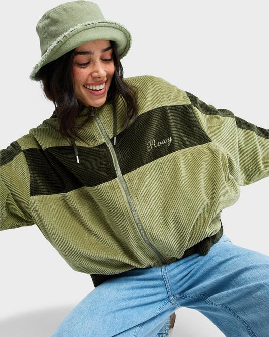 Image of a model wearing Outerwear. Product name - Roxy Womens Have A Blast Fleece Jacket Oil Green in Oil Green colour by brand - Roxy