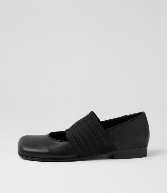 Image of Shoes. Productname: Goosie Black Leather Elastic Flat Shoes in Black-Black Heel colour by brand - MIDAS