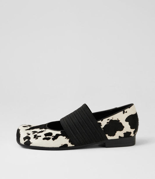 Image of Shoes. Productname: Goosie Black White Cow Pony Elastic Flat Shoes in Blk&White Cow-Black colour by brand - MIDAS