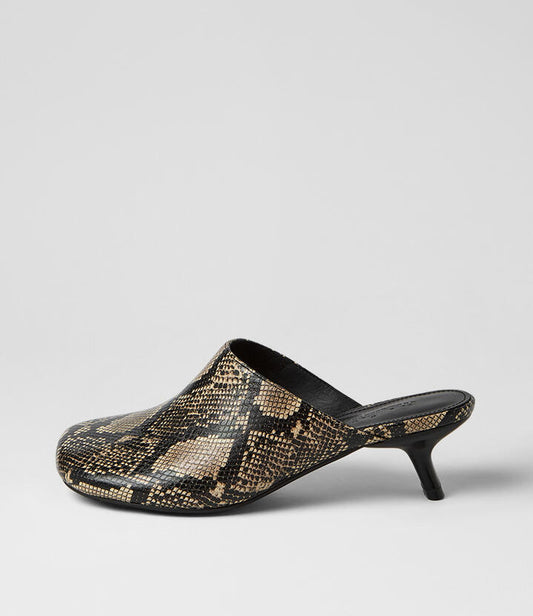 Image of Sandals. Productname: Iknow Fawn Black Snake Leather Mules in Fawn-Black colour by brand - MOLLINI
