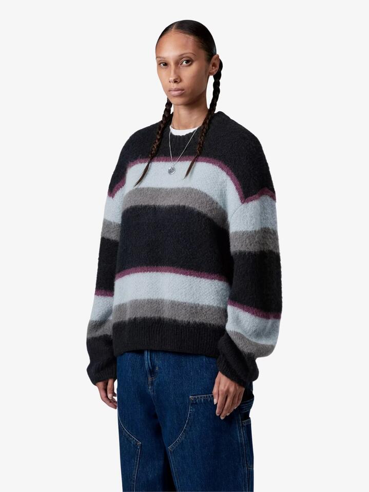 Image of a model wearing Outerwear. Productname: Carhartt Wip Merlin Sweater in Sundling Stripe, Citadel colour by brand - Carhartt Wip