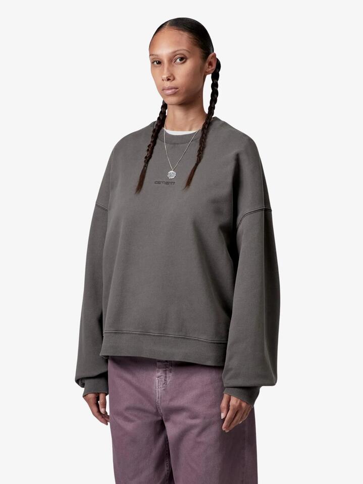 Image of a model wearing Outerwear. Productname: Carhartt Wip Benton Sweatshirt in Graphite, Garment Dyed colour by brand - Carhartt Wip