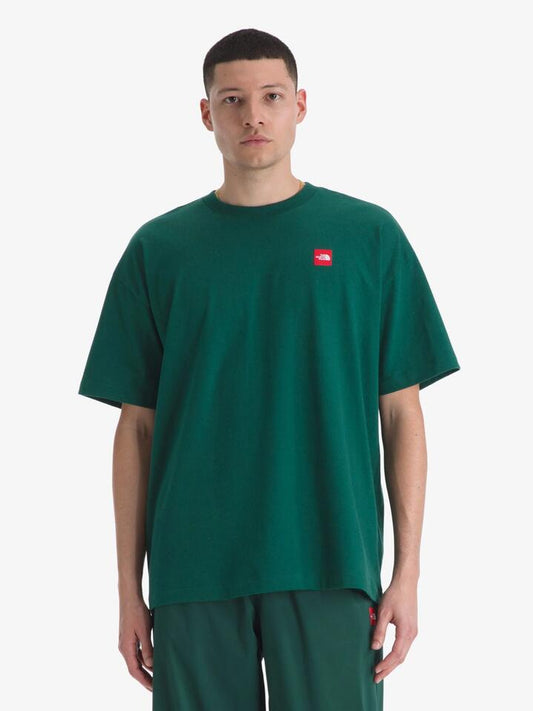 Image of a model wearing Tops. Productname: The North Face Men's Red Box Tee in Hunter Green colour by brand - The North Face