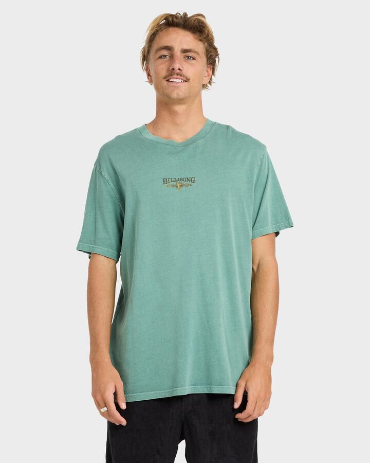 Image of a model wearing Tops. Productname: billabong Mens Pure Intentions T-Shirt Sea Green - in Sea Green colour by brand - Billabong