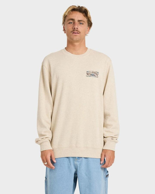 Image of a model wearing Outerwear. Productname: billabong Mens Short Sands Crew Neck Fleece Top Oatmeal Heather - in Oatmeal Heather colour by brand - Billabong