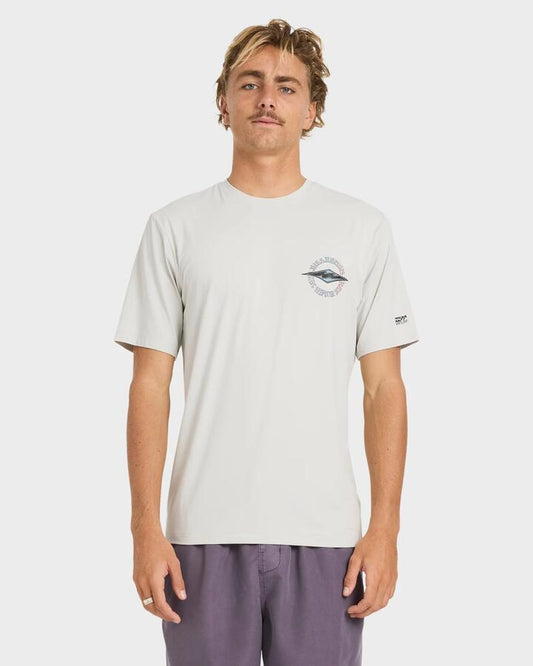Image of a model wearing Tops. Productname: billabong Mens Hollow Diamond Loose Fit Surf T-Shirt Silver - in Silver colour by brand - Billabong