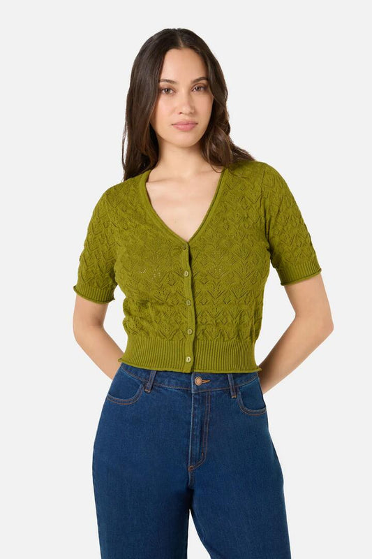 Image of a model wearing Outerwear. Productname: Wednesday Lace Knit Cardigan in Olive colour by brand - Princess Highway