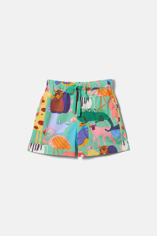 Image of a model wearing Shorts. Product name - Zoo Tropics Kids Shorts in Green colour by brand - Gorman