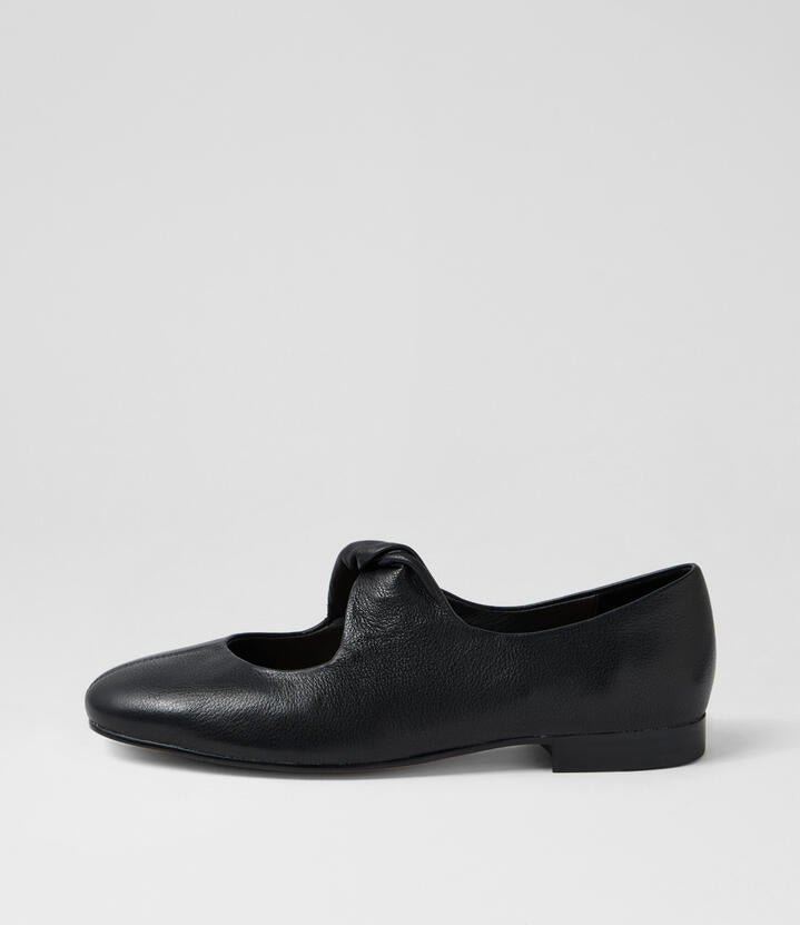 Image of Shoes. Productname: Itchie Black Leather Flat Shoes in Black colour by brand - MIDAS