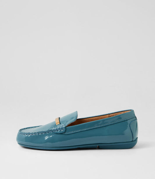 Image of Flats. Productname: Rube Steel Blue Patent Leather Loafers in Steel Blue colour by brand - MIDAS