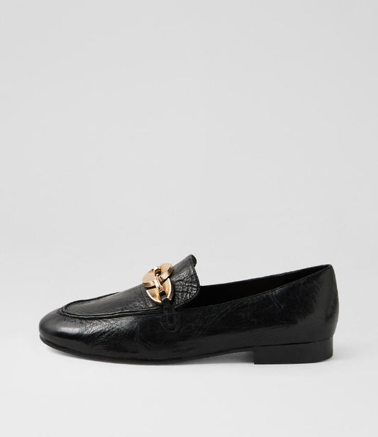 Image of Flats. Productname: Ilkie Black Polish Leather Loafers in Black Polish colour by brand - MIDAS