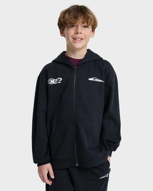 Image of a model wearing Outerwear. Product name - Quiksilver Boys 8-16 Mercury Trident Zip Up Hoodie Black in Black colour by brand - Quiksilver