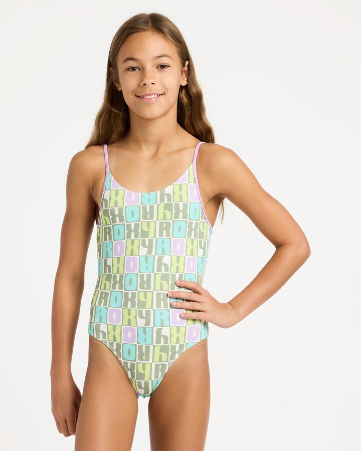 Image of Swimwear. Product name - Roxy Girls 6-16 Letter Up One Piece Swimsuit Oil Green Letter Up in Oil Green Letter Up colour by brand - Roxy