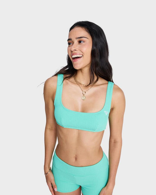 Image of a model wearing Tops. Productname: roxy Womens Roxy Sunshine Bralette Bikini Top Katydid - in Katydid colour by brand - Roxy