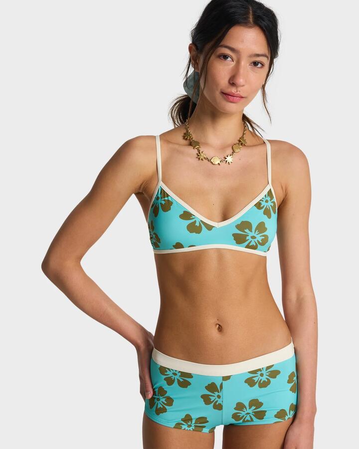Image of a model wearing Tops. Product name - Billabong Womens Last Summer V Bralette Bikini Top Ocean Spray in Ocean Spray colour by brand - Billabong