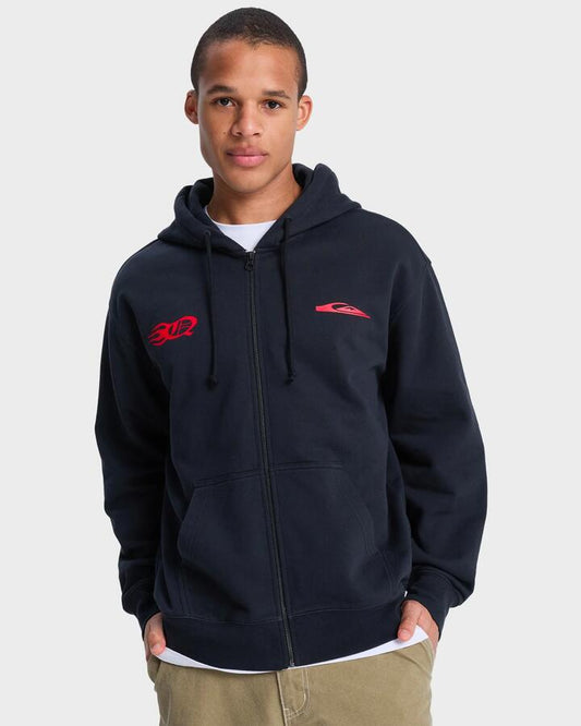 Image of a model wearing Outerwear. Product name - Quiksilver Mens Mercury Trident Zip Up Hoodie Black in Black colour by brand - Quiksilver