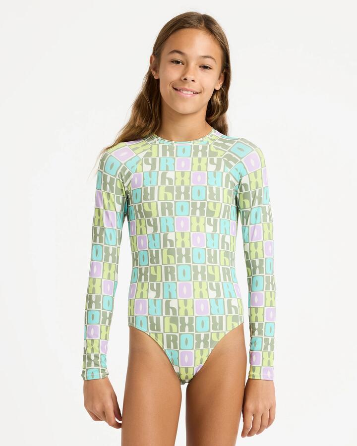 Image of Coats & Jackets. Product name - Roxy Girls 6-16 Letter Up Rash Vest Oil Green Letter Up in Oil Green Letter Up colour by brand - Roxy