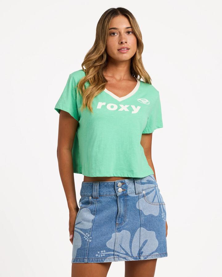 Image of a model wearing Tops. Productname: roxy Womens Always Lucky T-Shirt Katydid - in Katydid colour by brand - Roxy