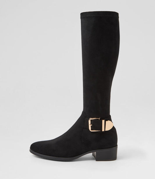 Image of Boots. Productname: Tabloid Black Stretch Microsuede Knee High Boots in Black colour by brand - MIDAS