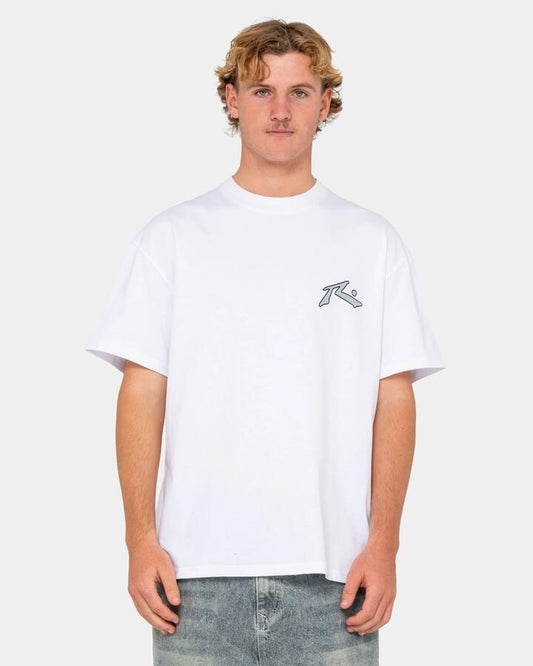 Image of a model wearing Tops. Productname: rusty Mens Competition 2.0 T-Shirt White - in White colour by brand - Rusty